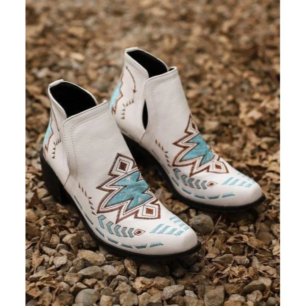 White Embroidered Western Ankle Bootie with Blue Accents